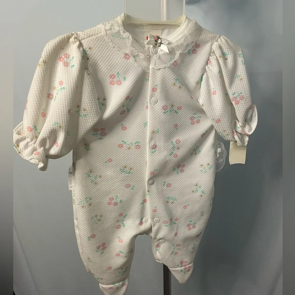 Playskool Vintage‎ Floral Footed Romper Baby Girls 0-3M White Lace 1999 NWT
